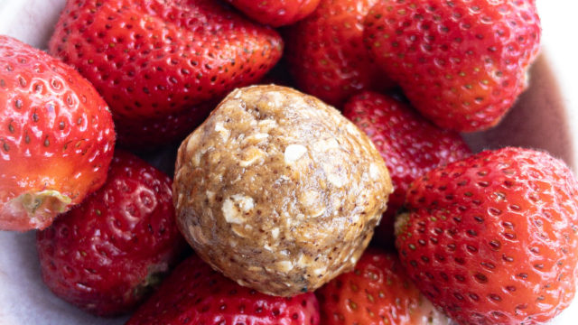 strawberry protein balls with strawberries